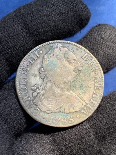 《竞宝斋》第239场-周日，周一 年终拍场 (全场包邮) 西属墨西哥1783年卡洛斯三世双柱8R FF 原状态绿锈 细节见图