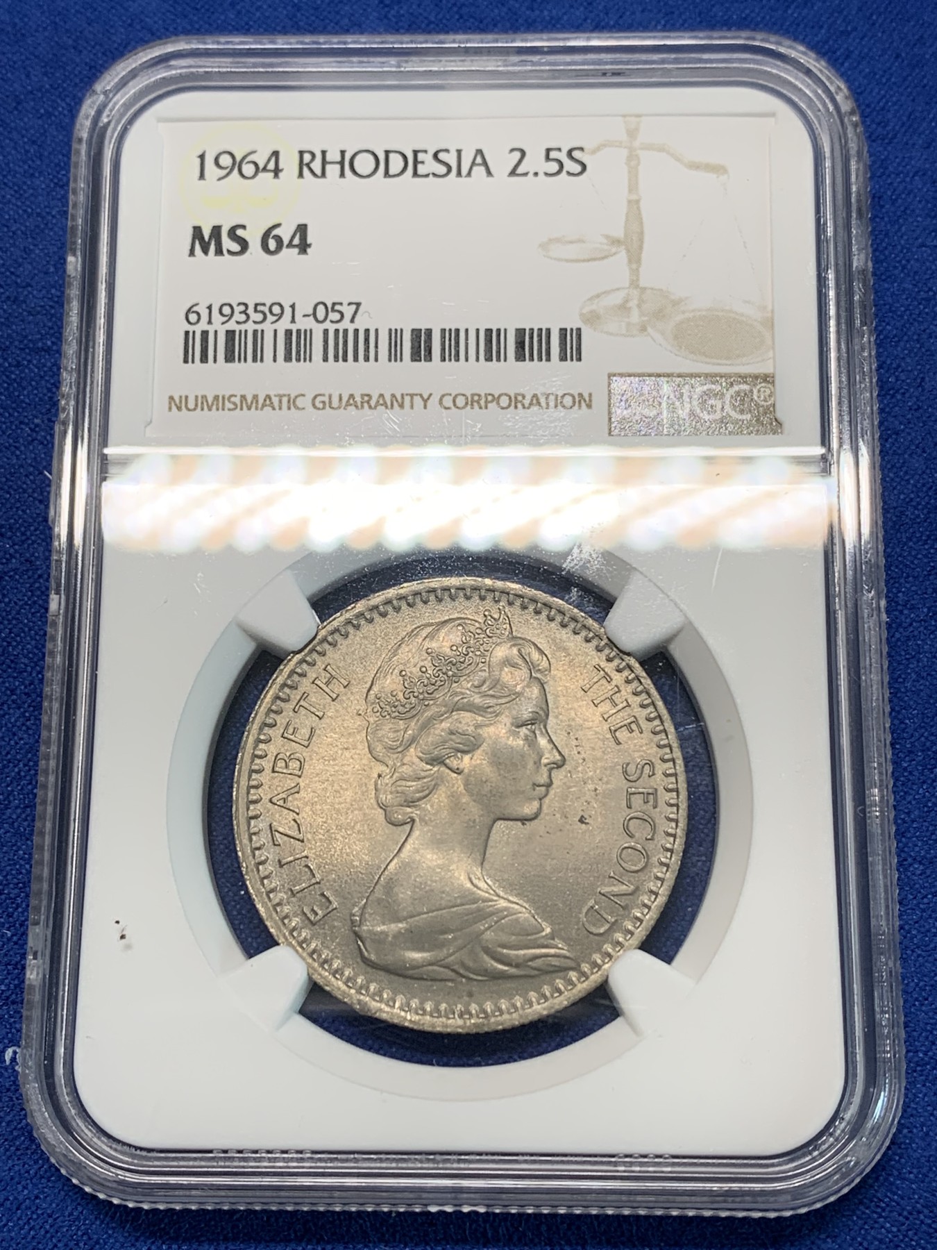 《竞宝斋》第240场-周日，周一 年终尾场 (全场包邮) NGC-MS64 罗德西亚1964年2.5先令镍币，经典羚羊造型 转光好