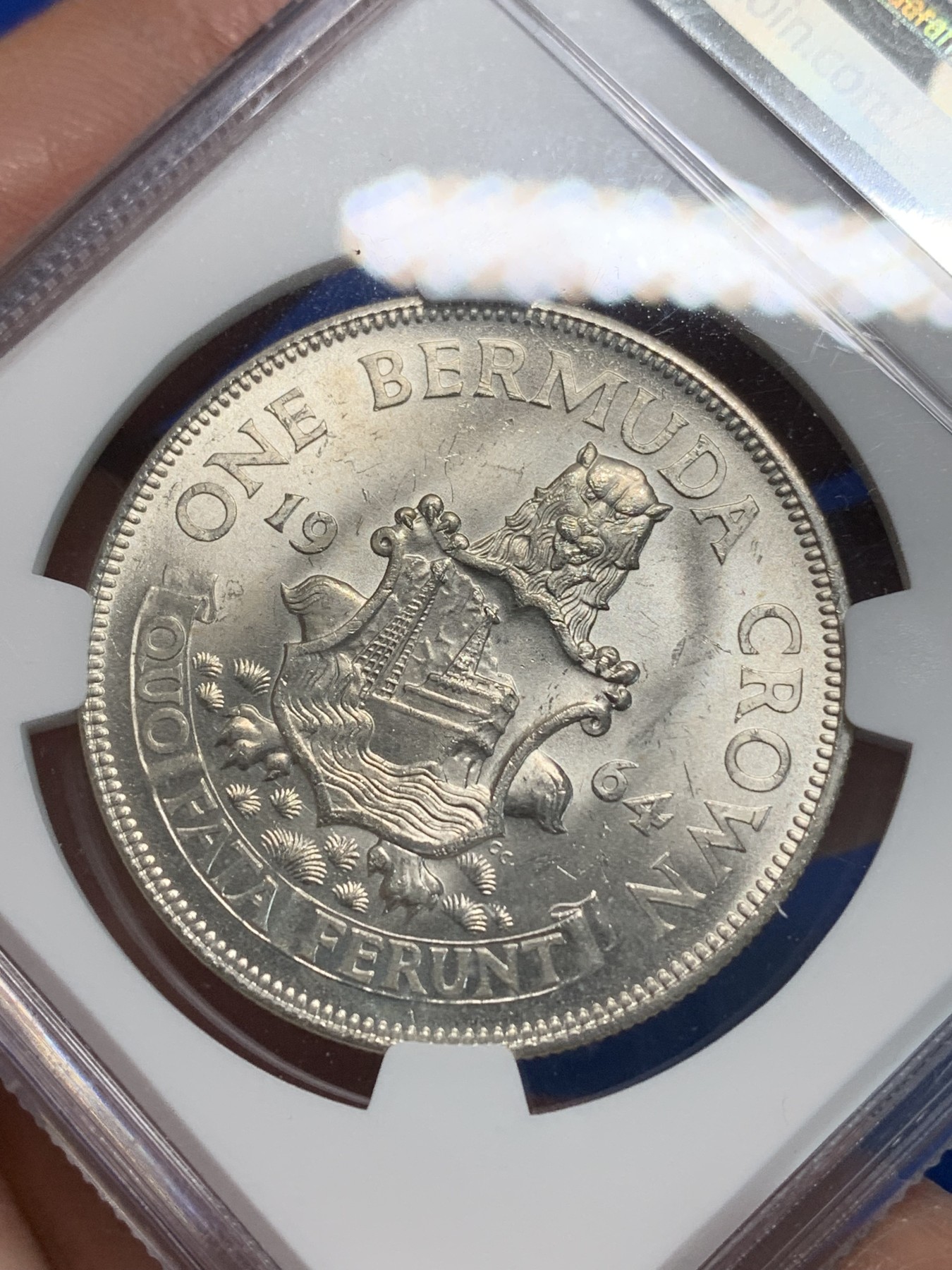 《竞宝斋》第240场-周日，周一 年终尾场 (全场包邮) NGC-MS63 英属百慕大1964年伊丽莎白二世青年头像克朗银币 经典女王头像