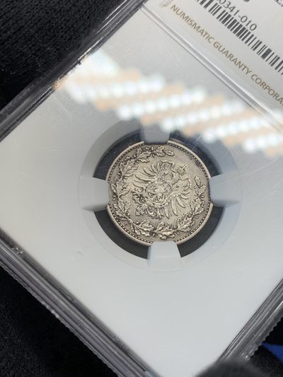 《竞宝斋》第239场-周日，周一 年终拍场 (全场包邮) NGC AU53 德国1877年第二帝国短翅50芬尼银币，少见品种，常见的都是1/2马克