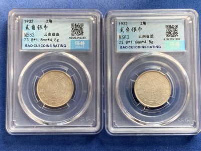 《竞宝斋》第239场-周日，周一 年终拍场 (全场包邮) 两枚一组 保粹 MS63 云南双旗两角银币一对 转光 状态很好值得收藏