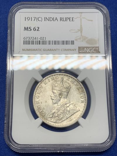 《竞宝斋》第239场-周日，周一 年终拍场 (全场包邮) NGC MS62 英属印度 1917年 C版 乔五 1卢比银币