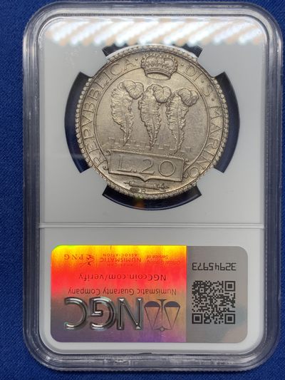 《竞宝斋》第239场-周日，周一 年终拍场 (全场包邮) NGC-MS62 圣马力诺 1931年 20里拉银币 漂亮的锦盒彩包浆 难得好状态