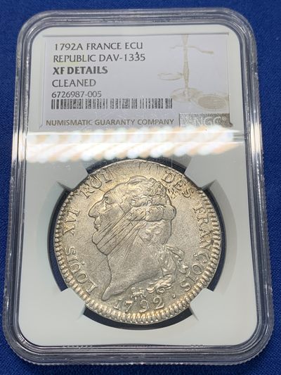 《竞宝斋》第239场-周日，周一 年终拍场 (全场包邮) NGC XF 法国1792A路易十六天使埃居大银币，热门品种天使幸运币，深打制，正反面人物细节清晰，流通磨损小，难得银光很好。