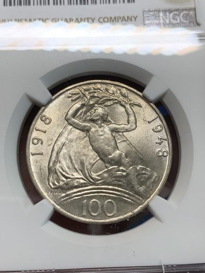 《竞宝斋》第239场-周日，周一 年终拍场 (全场包邮) NGC MS63 捷克斯洛伐克1948年独立30周年纪念100克朗银币