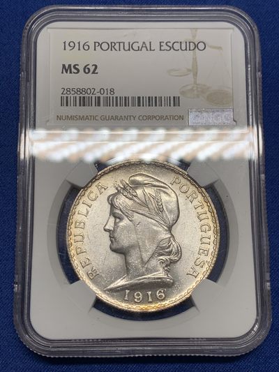 《竞宝斋》第239场-周日，周一 年终拍场 (全场包邮) NGC MS62 原光葡萄牙1916年女神1埃斯库多银币
