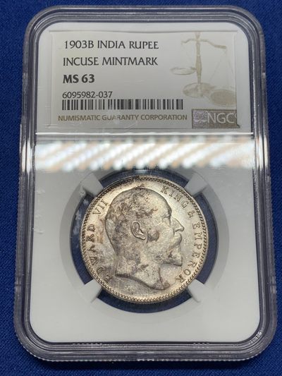 《竞宝斋》第239场-周日，周一 年终拍场 (全场包邮) NGC-MS63 英属印度 1903年 爱德华七世 1卢比 银币 带彩少见