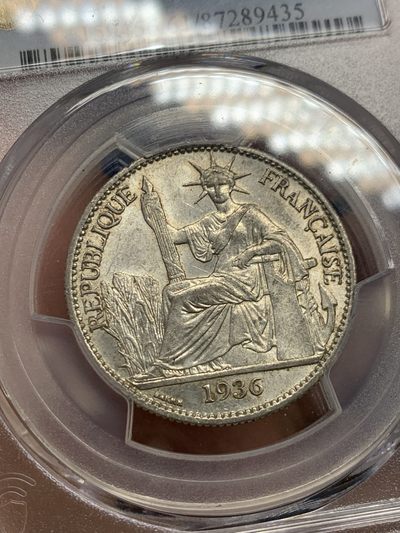 《竞宝斋》第239场-周日，周一 年终拍场 (全场包邮) PCGS-MS61 法属印度支那1936年坐洋50分半圆银币 光度好 脸部细节完整
