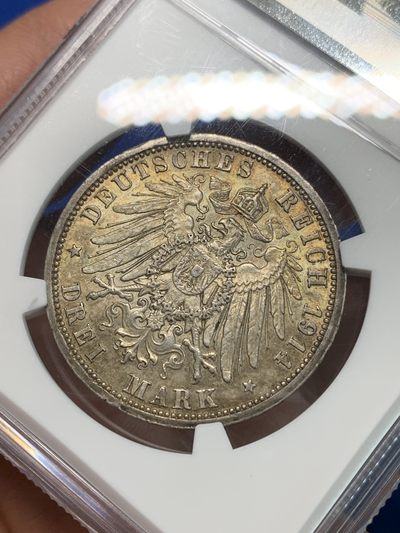 《竞宝斋》第239场-周日，周一 年终拍场 (全场包邮) NGC-AU55 德国 1914年 普鲁士 威廉二世 军装 3马克 银币 黄油彩 低评了