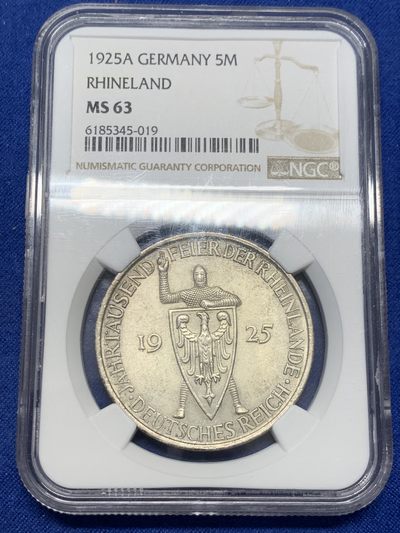 《竞宝斋》第239场-周日，周一 年终拍场 (全场包邮) NGC-MS63 1925年A版德国魏玛共和国莱茵千年5马克银币，原汁原味老包浆，包浆醇厚，状态极佳，获得更高的评分数目才76枚，潜力品种。