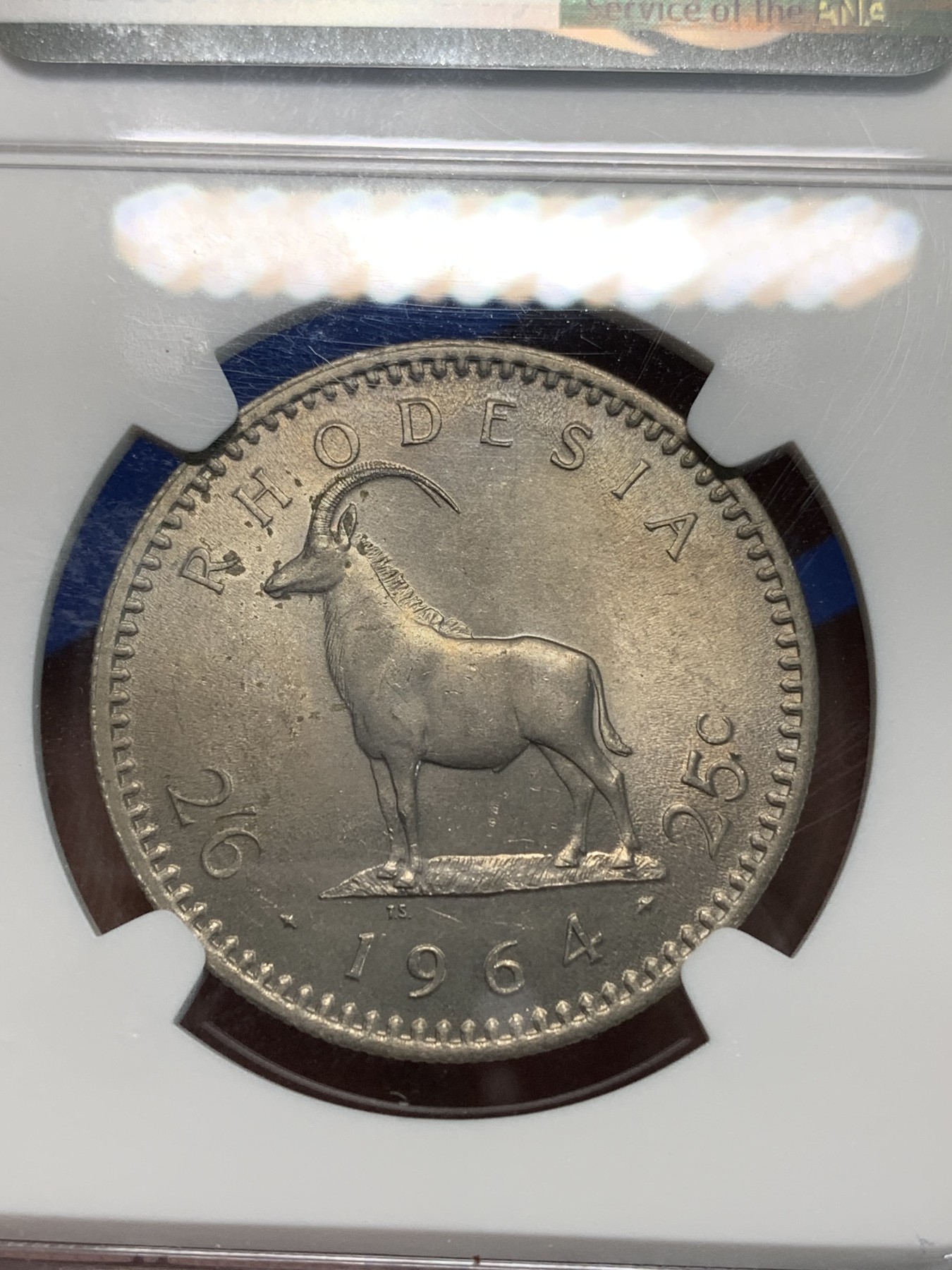 《竞宝斋》第240场-周日，周一 年终尾场 (全场包邮) NGC-MS64 罗德西亚1964年2.5先令镍币，经典羚羊造型 转光好