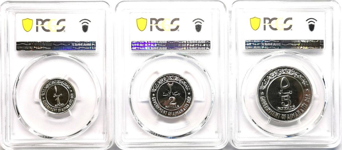 凡希社世界钱币微拍第二百六十期 1969阿治曼精铸PS三枚PCGS-PR68/68/67DCAM，原厂塑封拆出直接评级，无白斑氧化，品相卓越的中东王爷国PS。