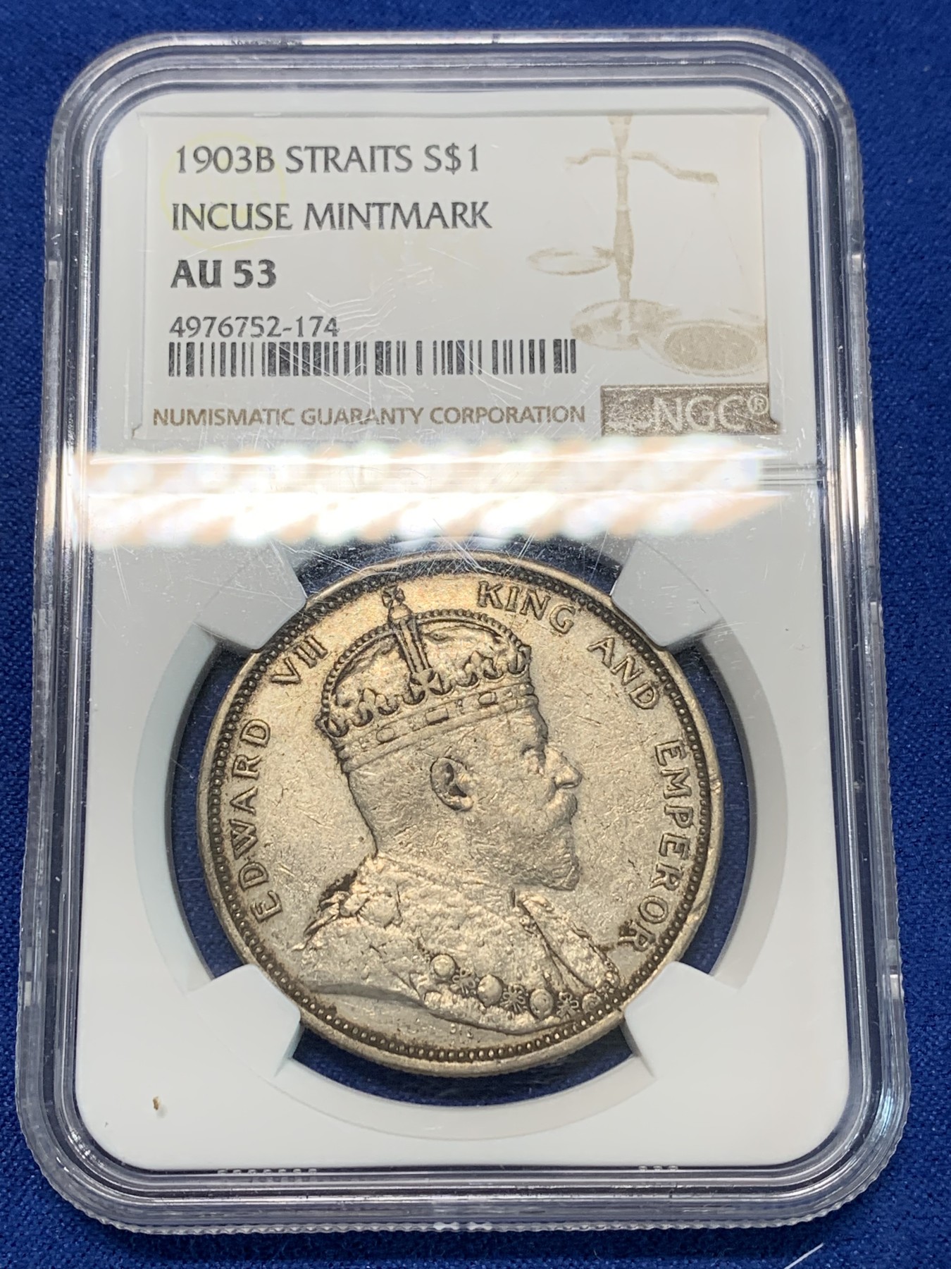 《竞宝斋》第240场-周日，周一 年终尾场 (全场包邮) NGC AU53 海峡1903大样银币，原味好状态