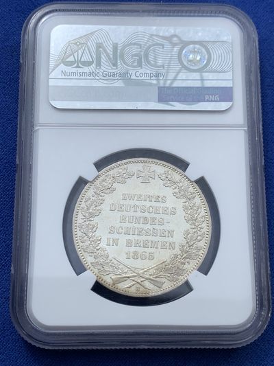 《竞宝斋》第239场-周日，周一 年终拍场 (全场包邮) NGC MS64 德国德意志不来梅 1865年射击节1泰勒银币 原光出厂状态！高分难得