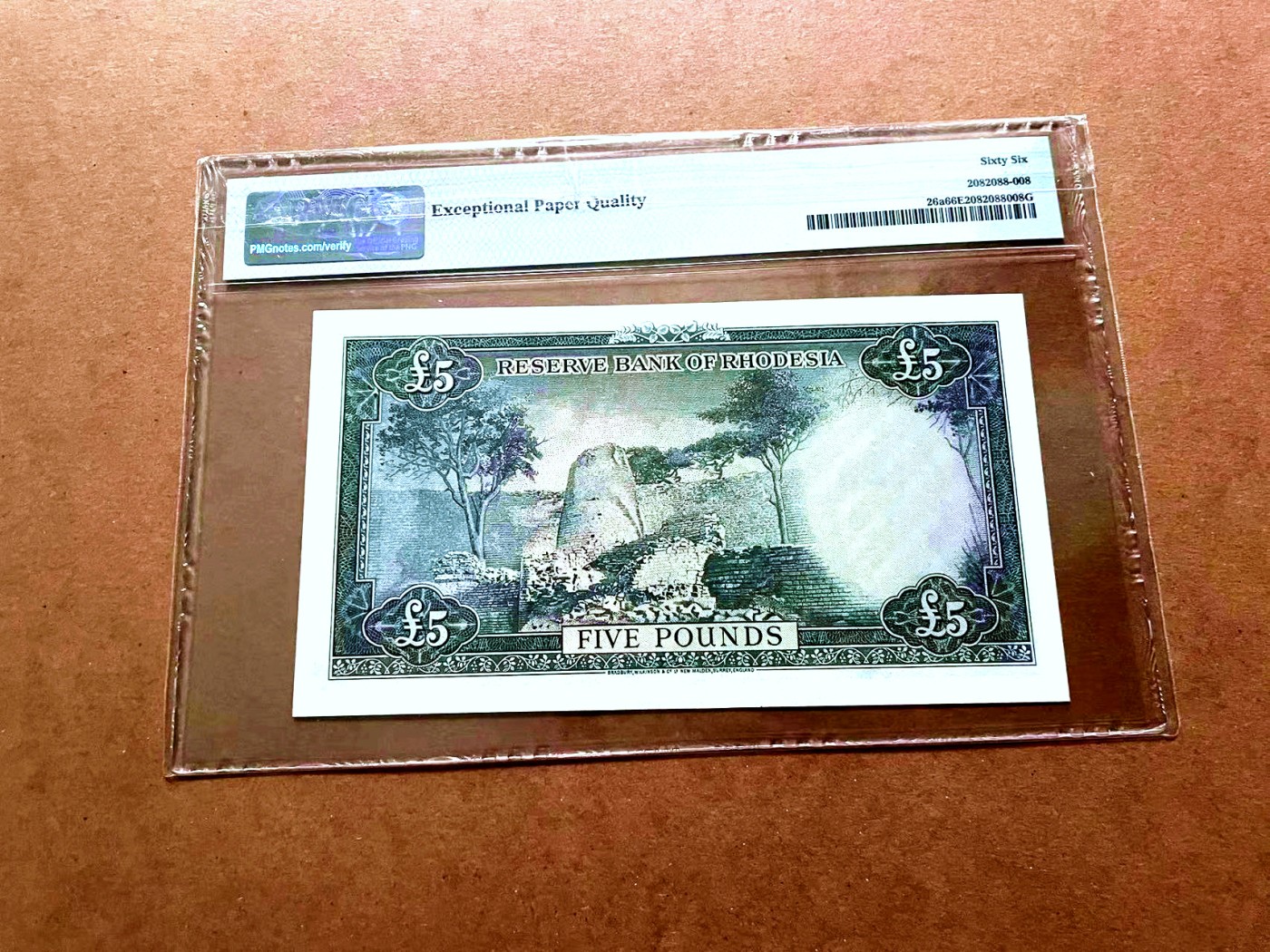 【Blue Auction】✨世界纸币精拍第429期——苍老师专场 PART2  【首发冠】罗德西亚 1964年5镑 PMG66EPQ BWC出品 戎装女王 大津巴布韦遗址 精美  