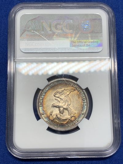 《竞宝斋》第239场-周日，周一 年终拍场 (全场包邮) NGC MS61 德国普鲁士1913年战胜拿破仑纪念2马克银币 正面极致五彩，背面环五彩 视觉盛宴 分数可以忽略了