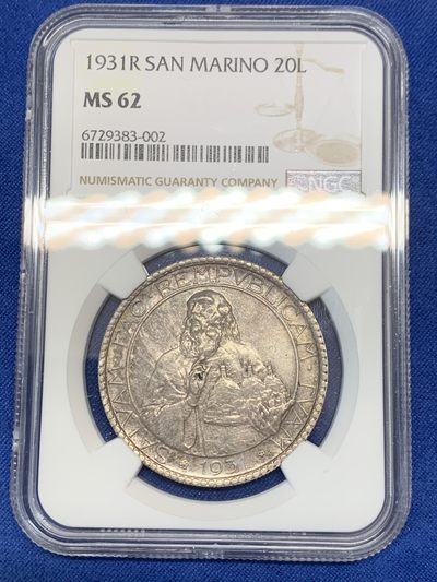 《竞宝斋》第239场-周日，周一 年终拍场 (全场包邮) NGC-MS62 圣马力诺 1931年 20里拉银币 漂亮的锦盒彩包浆 难得好状态