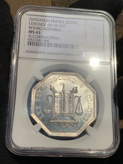 《竞宝斋》第239场-周日，周一 年终拍场 (全场包邮) NGC MS63 法国公证处八角银质代币
