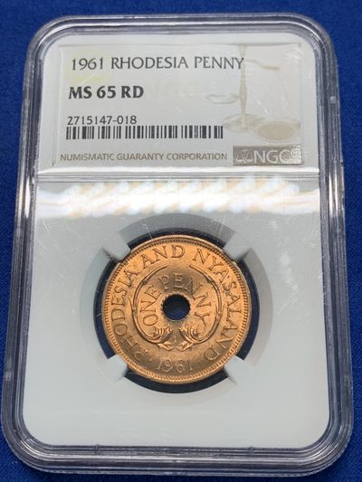 《竞宝斋》第239场-周日，周一 年终拍场 (全场包邮) NGC MS65RD 英属罗德西亚和尼亚萨兰1961年双象1便士铜币