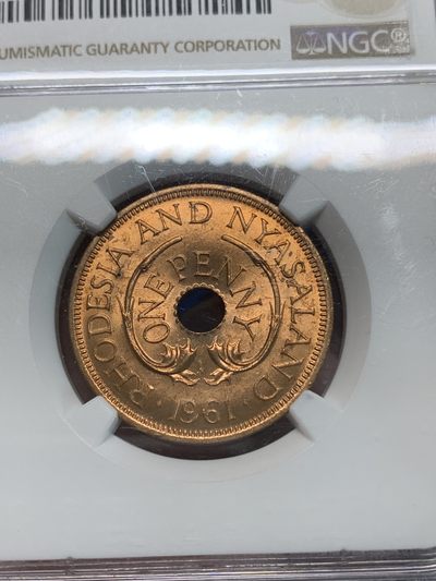 《竞宝斋》第239场-周日，周一 年终拍场 (全场包邮) NGC MS65RD 英属罗德西亚和尼亚萨兰1961年双象1便士铜币