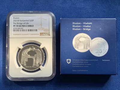 《竞宝斋》第239场-周日，周一 年终拍场 (全场包邮) NGC-PF70 瑞士2021年发行的错觉艺术生命之桥20瑞士法郎（发行5000枚） 盒证齐全 20g 33mm 835银