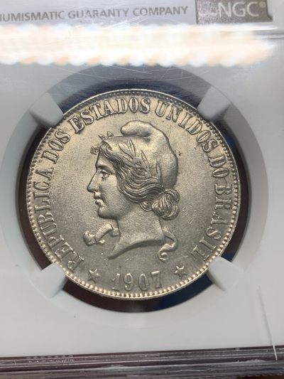 《竞宝斋》第239场-周日，周一 年终拍场 (全场包邮) NGC AU58 巴西女神1907年2000瑞斯银币