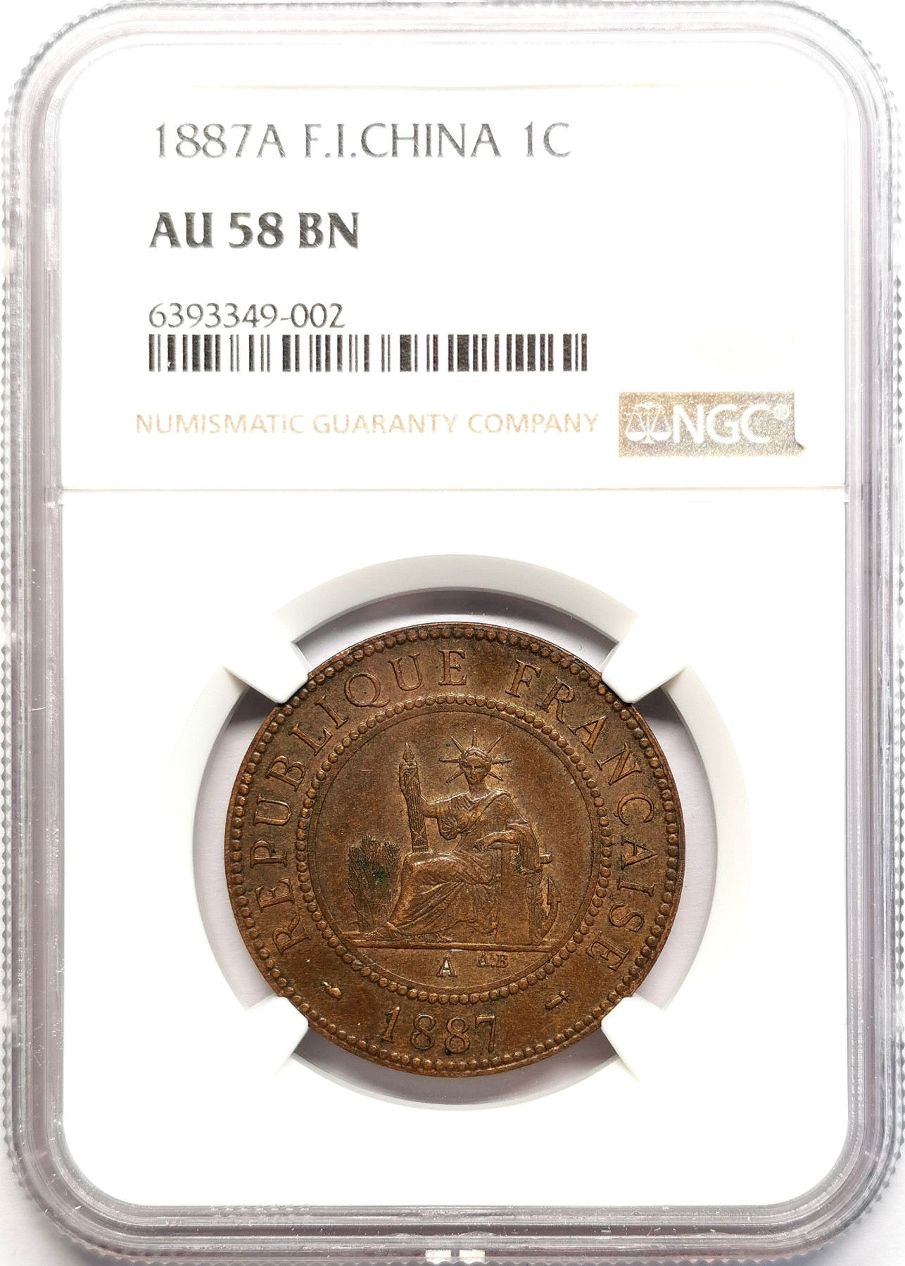 凡希社世界钱币微拍第二百六十期 1887A法属印度支那百分之一皮亚斯特铜元NGC-AU58