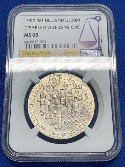 《竞宝斋》第239场-周日，周一 年终拍场 (全场包邮) NGC MS68 芬兰1990年100马克伤残退伍军人协会纪念银币 克劳斯获奖币 三十五周年特标