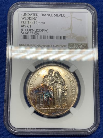 《竞宝斋》第239场-周日，周一 年终拍场 (全场包邮) NGC MS61 法国结婚纪念银章 34mm大规格