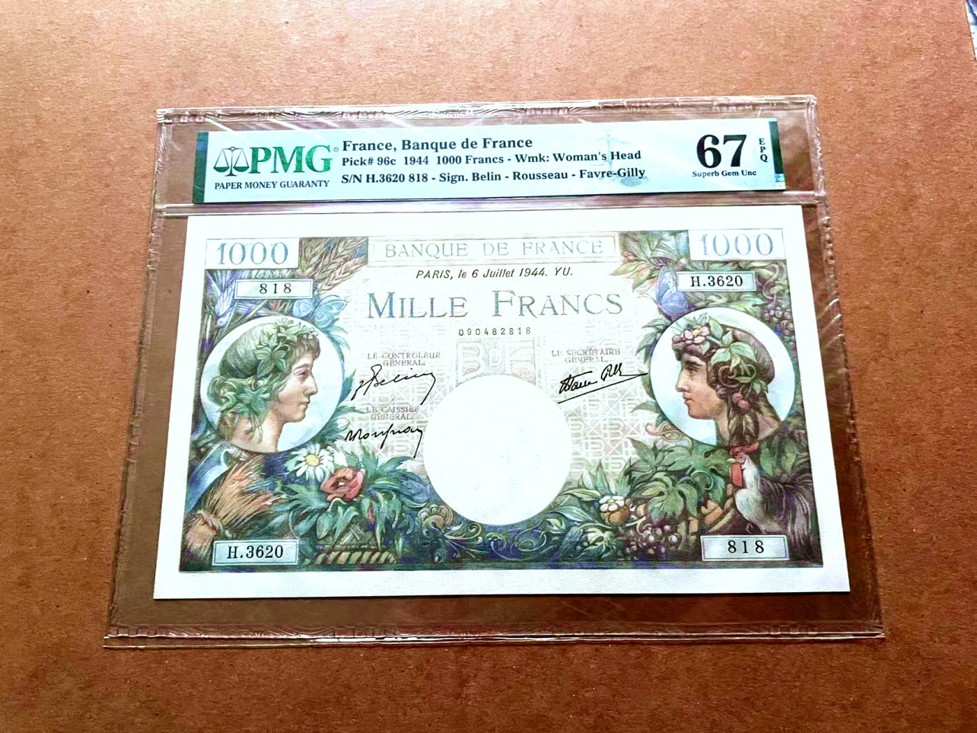 【Blue Auction】✨世界纸币精拍第429期——苍老师专场 PART2 【818倒置号 雷达号】法国 1944年1000法郎 PMG67EPQ 墨丘利 超大票幅