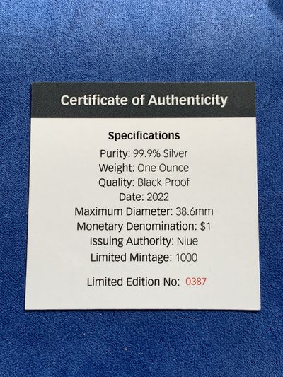 《竞宝斋》第239场-周日，周一 年终拍场 (全场包邮) 纽埃2022年-澳大利亚夜间系列5-谷仓猫头鹰钌化精制银币-1澳元（发行量1000枚） 盒证齐全 1盎司999银 38.61mm