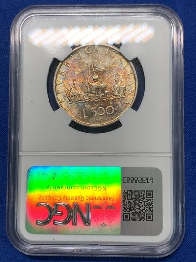 《竞宝斋》第239场-周日，周一 年终拍场 (全场包邮) NGC-MS63 意大利1958年500里拉银币，经典人妻帆船首年份，单面好彩