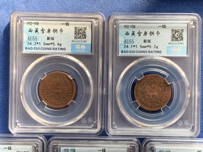 《竞宝斋》第239场-周日，周一 年终拍场 (全场包邮) 5枚一组 保粹 AU55 西藏 一钱 新雪康 铜币 吉祥雪狮 多版别