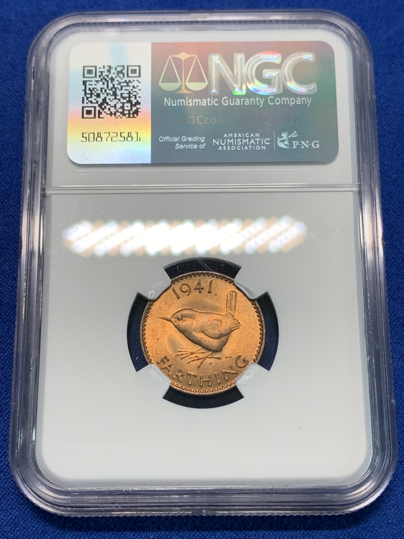 《竞宝斋》第240场-周日，周一 年终尾场 (全场包邮) NGC MS65RB 英国1941年乔六法新铜币，近RD原铜光，小鸟可爱，转光犀利