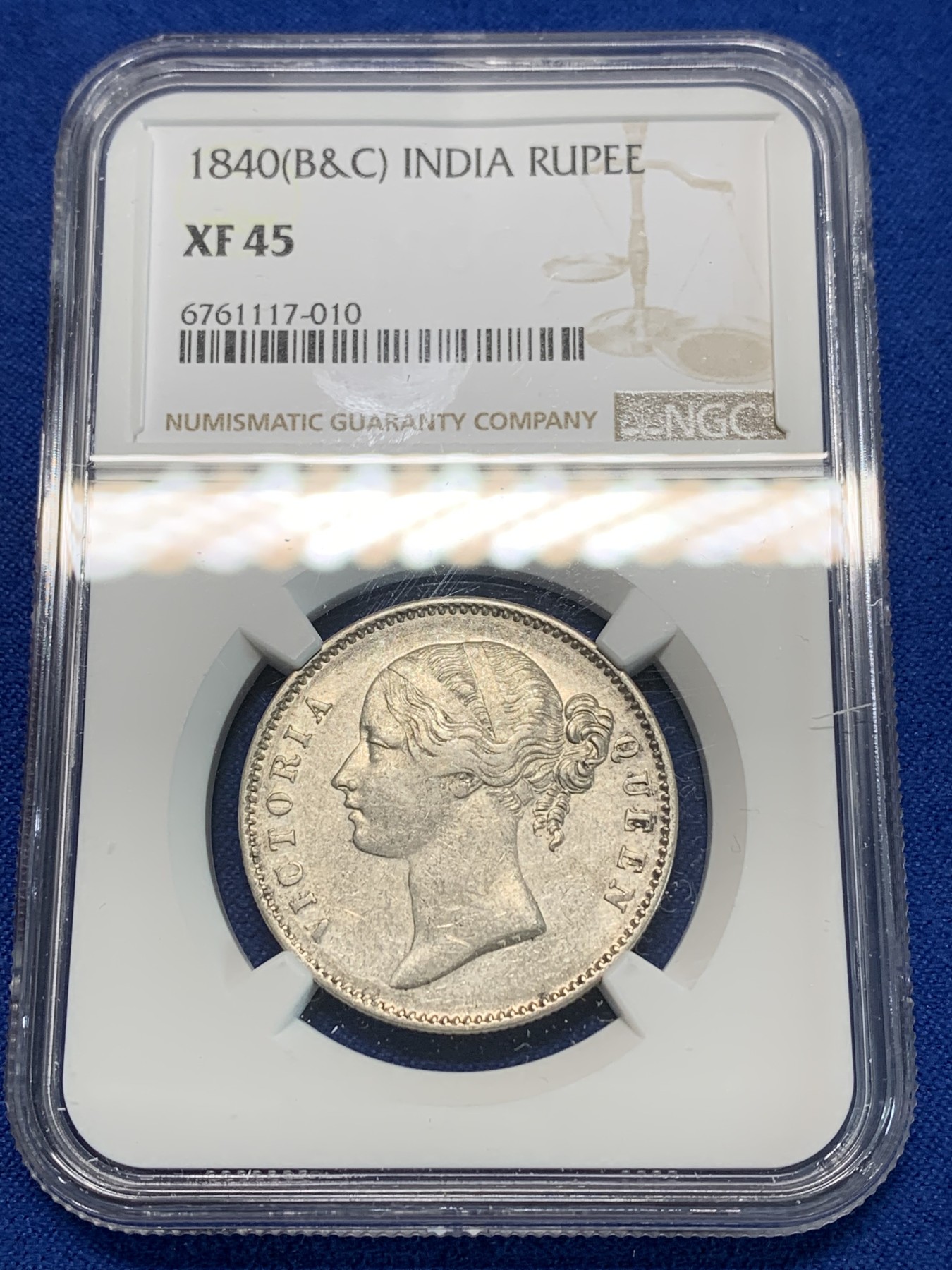 《竞宝斋》第240场-周日，周一 年终尾场 (全场包邮) NGC XF45 英属印度1840年维多利亚女王双辫版1卢比银币