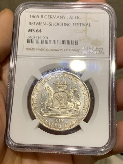 《竞宝斋》第239场-周日，周一 年终拍场 (全场包邮) NGC MS64 德国德意志不来梅 1865年射击节1泰勒银币 原光出厂状态！高分难得