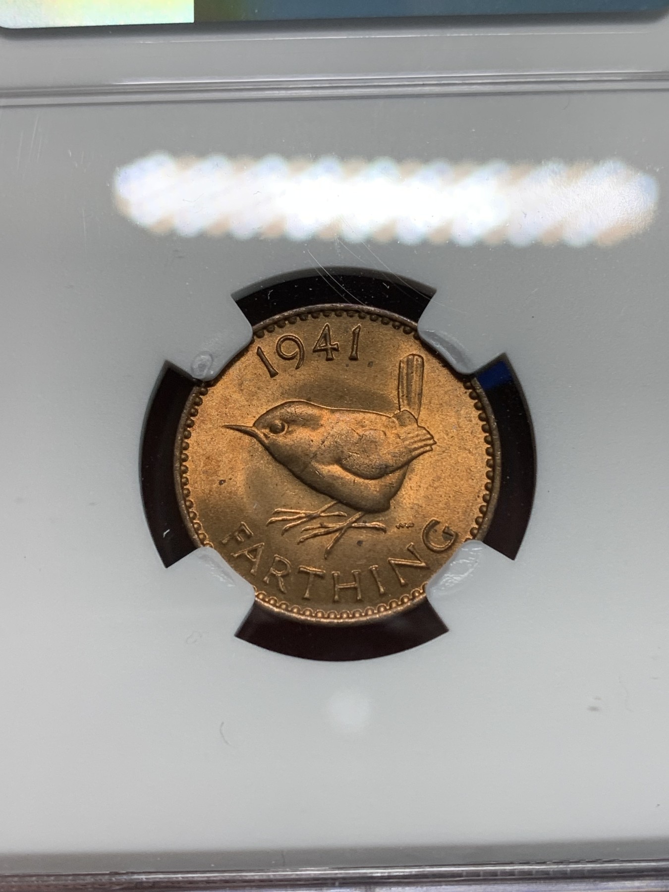 《竞宝斋》第240场-周日，周一 年终尾场 (全场包邮) NGC MS65RB 英国1941年乔六法新铜币，近RD原铜光，小鸟可爱，转光犀利