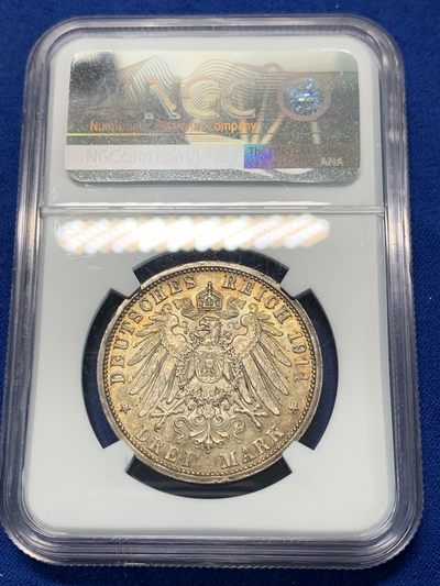 《竞宝斋》第239场-周日，周一 年终拍场 (全场包邮) NGC-AU55 德国 1914年 普鲁士 威廉二世 军装 3马克 银币 黄油彩 低评了