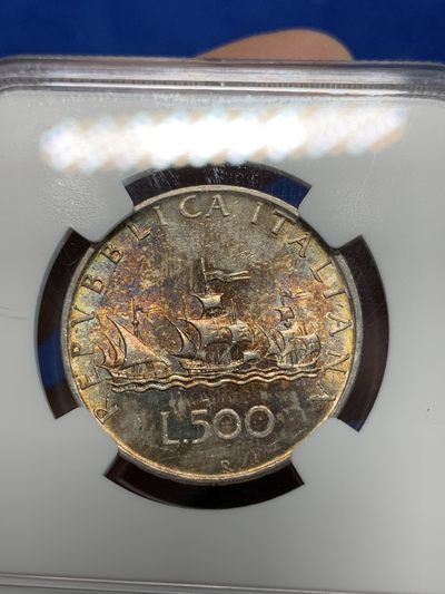 《竞宝斋》第239场-周日，周一 年终拍场 (全场包邮) NGC-MS63 意大利1958年500里拉银币，经典人妻帆船首年份，单面好彩