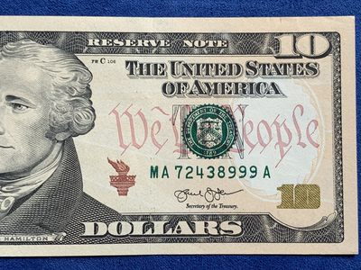 《竞宝斋》第239场-周日，周一 年终拍场 (全场包邮) UNC 全新 未流通 无软折 美国 2013年 新版10美元纸币 尾999豹子号