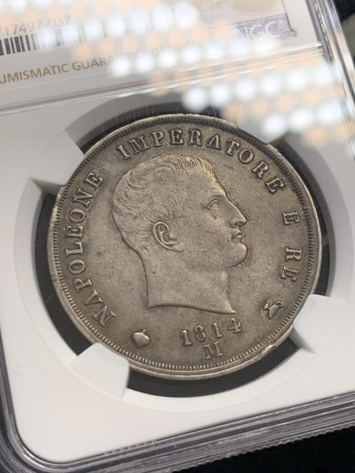 《竞宝斋》第239场-周日，周一 年终拍场 (全场包邮) NGC XF45 1814M法国占领意大利王国拿破仑一世5里拉银币，实物细节很好，深打制发丝盾徽清晰，老黑彩包浆，AU的状态。1814为关门年份，仅有M厂米兰铸造，数量仅10万，为战争期间好品罕见，此年拿破仑战败被流放，很有历史意义。