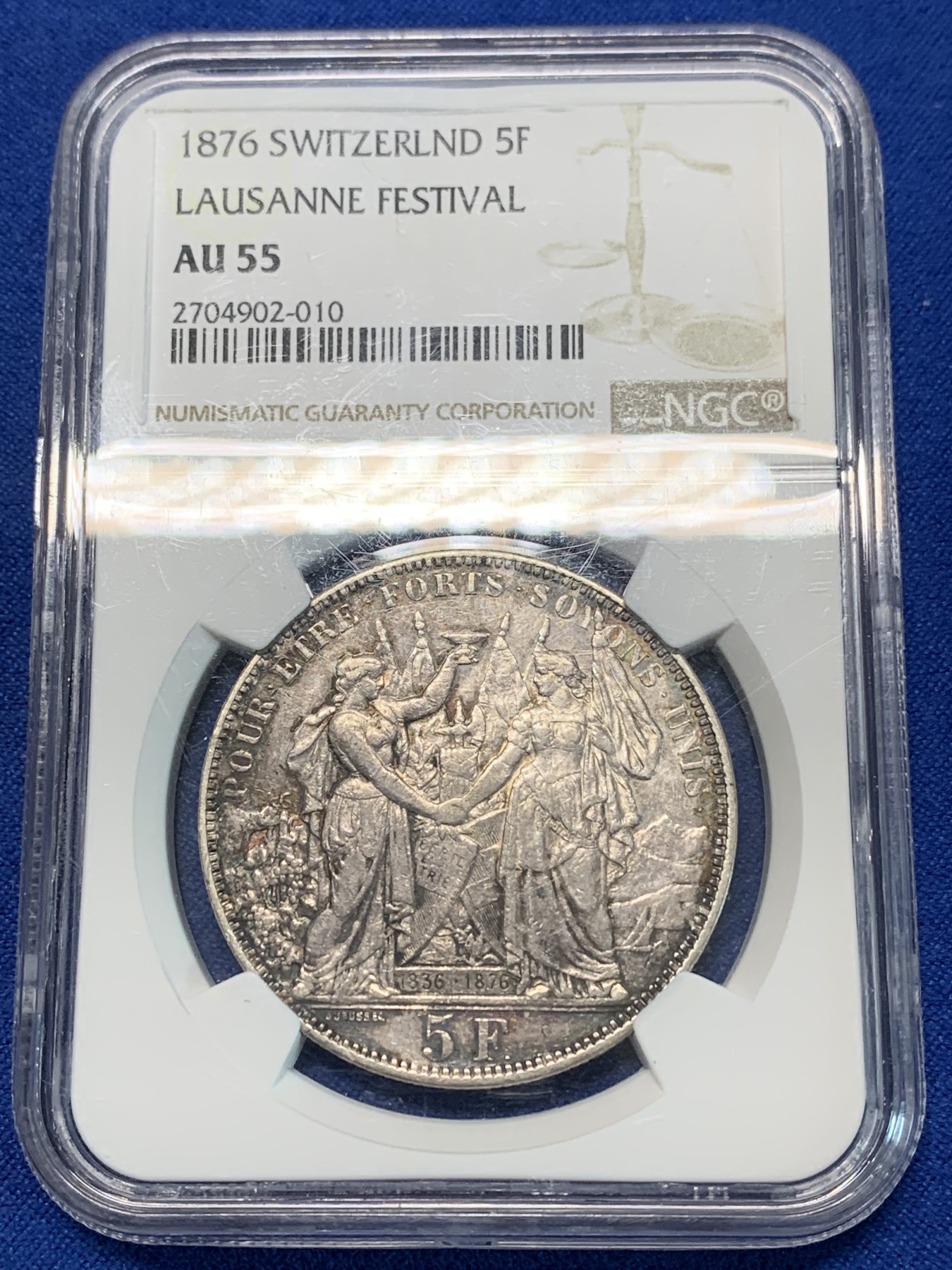 《竞宝斋》第240场-周日，周一 年终尾场 (全场包邮) NGC AU55 瑞士1876年洛桑射击节5法郎银币