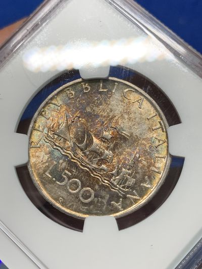 《竞宝斋》第239场-周日，周一 年终拍场 (全场包邮) NGC-MS63 意大利1958年500里拉银币，经典人妻帆船首年份，单面好彩