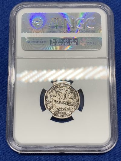 《竞宝斋》第239场-周日，周一 年终拍场 (全场包邮) NGC AU53 德国1877年第二帝国短翅50芬尼银币，少见品种，常见的都是1/2马克