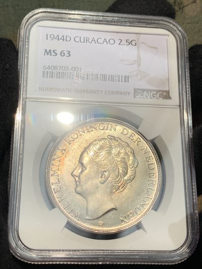 《竞宝斋》第239场-周日，周一 年终拍场 (全场包邮) NGC-MS63 1944-D荷属库拉索2.5盾大银币 原光好品 潜力品种