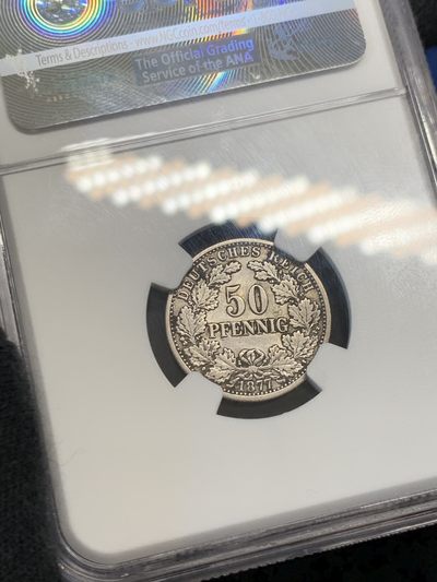 《竞宝斋》第239场-周日，周一 年终拍场 (全场包邮) NGC AU53 德国1877年第二帝国短翅50芬尼银币，少见品种，常见的都是1/2马克
