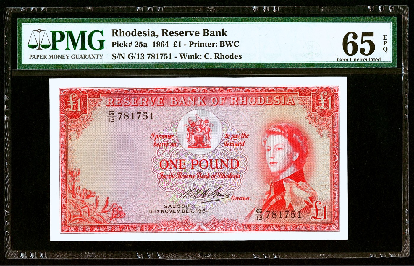 【Blue Auction】✨世界纸币精拍第429期——苍老师专场 PART2  【热门升值品种 凑套常缺此张】罗德西亚 1964年1镑 BWC出品 戎装女王 非洲最大瀑布——维多利亚瀑布 PMG65EPQ 绝品难遇 精美 老壳子 