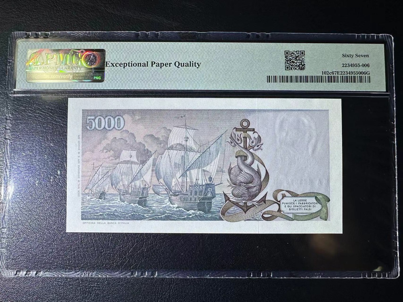 【Blue Auction】✨世界纸币精拍第427期【精】  意大利 1977年5000里拉 哥伦布 PMG67EPQ 高分