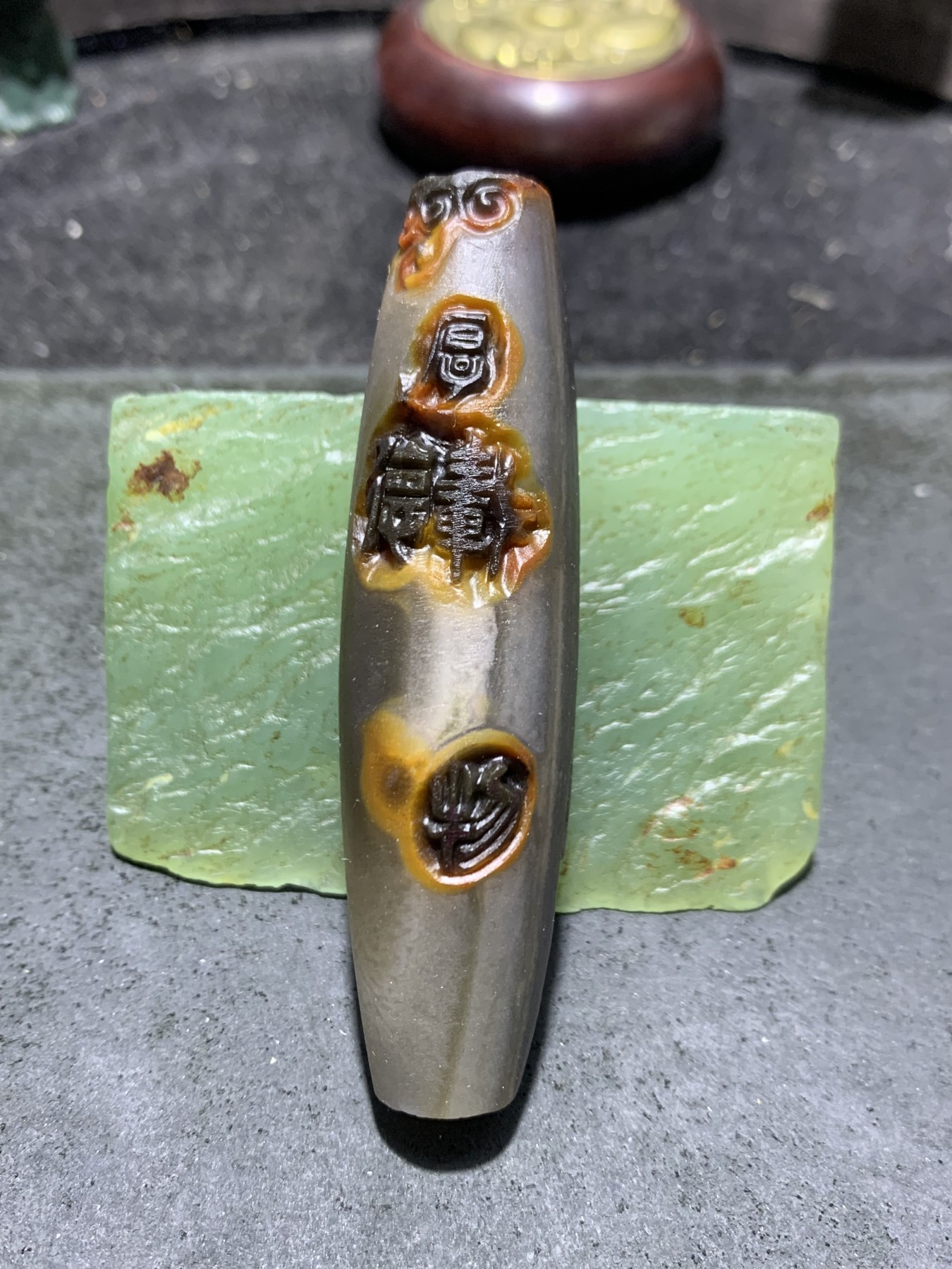 精美亚光高玉化巴西玛瑙手工俏色巧雕厚德载物，禅字桶珠一个！