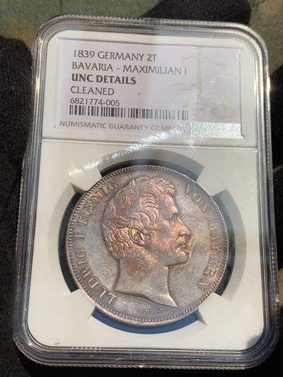 《竞宝斋》第239场-周日，周一 年终拍场 (全场包邮) NGC UNC 德国 1839年 巴伐利亚选帝侯 路德维希一世 2泰勒 大银币 37克的大规格少见品种 包浆底板都很好 性价比来了